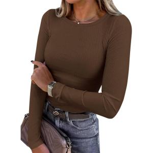 imagePRETTYGARDEN Womens 2025 Summer Fall Long Sleeve Shirts Ribbed Knit Fitted Basic Tee Going Out Tops Underscrub Casual OutfitsBrown