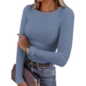 imagePRETTYGARDEN Womens 2025 Summer Fall Long Sleeve Shirts Ribbed Knit Fitted Basic Tee Going Out Tops Underscrub Casual OutfitsLight Dusty Blue