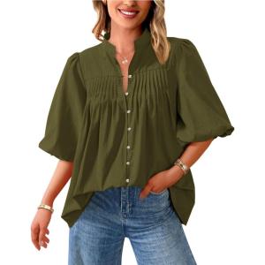 imagePRETTYGARDEN Womens 2025 Summer Short Lantern Sleeve Tops Loose Fit Button Down Shirt Pleated V Neck Blouses Trendy ClothesArmy Green