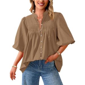 imagePRETTYGARDEN Womens 2025 Summer Short Lantern Sleeve Tops Loose Fit Button Down Shirt Pleated V Neck Blouses Trendy ClothesLight Khaki