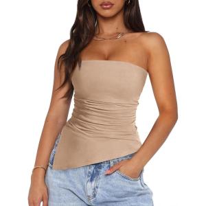 imagePRETTYGARDEN Womens Summer Tube Tops 2025 Trendy Strapless Ruched Going Out Tops Outfits Asymmetrical Bandeau ShirtsApricot