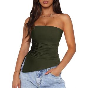 imagePRETTYGARDEN Womens Summer Tube Tops 2025 Trendy Strapless Ruched Going Out Tops Outfits Asymmetrical Bandeau ShirtsArmy Green