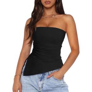 imagePRETTYGARDEN Womens Summer Tube Tops 2025 Trendy Strapless Ruched Going Out Tops Outfits Asymmetrical Bandeau ShirtsBlack