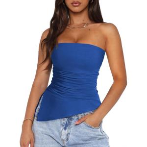 imagePRETTYGARDEN Womens Summer Tube Tops 2025 Trendy Strapless Ruched Going Out Tops Outfits Asymmetrical Bandeau ShirtsBlue