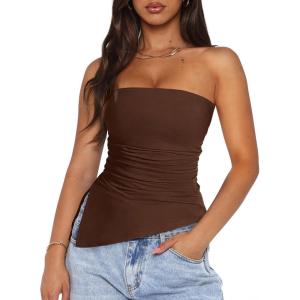 imagePRETTYGARDEN Womens Summer Tube Tops 2025 Trendy Strapless Ruched Going Out Tops Outfits Asymmetrical Bandeau ShirtsBrown