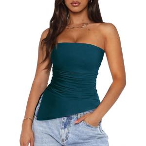 imagePRETTYGARDEN Womens Summer Tube Tops 2025 Trendy Strapless Ruched Going Out Tops Outfits Asymmetrical Bandeau ShirtsDark Blue