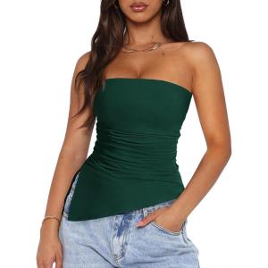 imagePRETTYGARDEN Womens Summer Tube Tops 2025 Trendy Strapless Ruched Going Out Tops Outfits Asymmetrical Bandeau ShirtsDark Green