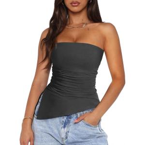 imagePRETTYGARDEN Womens Summer Tube Tops 2025 Trendy Strapless Ruched Going Out Tops Outfits Asymmetrical Bandeau ShirtsDark Grey