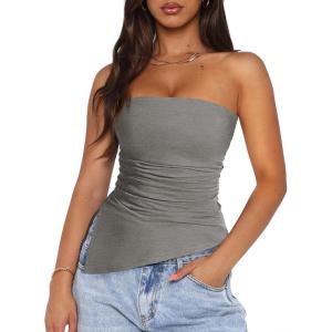 imagePRETTYGARDEN Womens Summer Tube Tops 2025 Trendy Strapless Ruched Going Out Tops Outfits Asymmetrical Bandeau ShirtsGrey