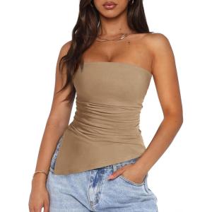 imagePRETTYGARDEN Womens Summer Tube Tops 2025 Trendy Strapless Ruched Going Out Tops Outfits Asymmetrical Bandeau ShirtsKhaki