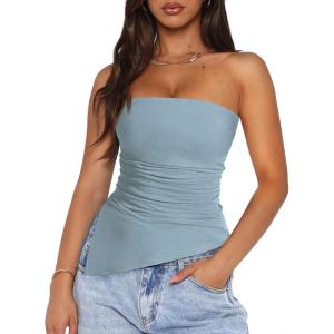 imagePRETTYGARDEN Womens Summer Tube Tops 2025 Trendy Strapless Ruched Going Out Tops Outfits Asymmetrical Bandeau ShirtsLight Grey Blue