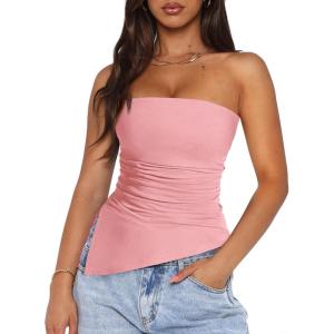 imagePRETTYGARDEN Womens Summer Tube Tops 2025 Trendy Strapless Ruched Going Out Tops Outfits Asymmetrical Bandeau ShirtsPink