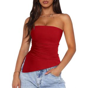 imagePRETTYGARDEN Womens Summer Tube Tops 2025 Trendy Strapless Ruched Going Out Tops Outfits Asymmetrical Bandeau ShirtsRed