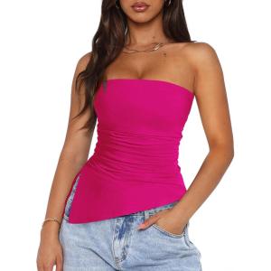 imagePRETTYGARDEN Womens Summer Tube Tops 2025 Trendy Strapless Ruched Going Out Tops Outfits Asymmetrical Bandeau ShirtsRose Red