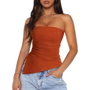 imagePRETTYGARDEN Womens Summer Tube Tops 2025 Trendy Strapless Ruched Going Out Tops Outfits Asymmetrical Bandeau ShirtsRust Red