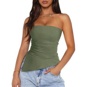 imagePRETTYGARDEN Womens Summer Tube Tops 2025 Trendy Strapless Ruched Going Out Tops Outfits Asymmetrical Bandeau ShirtsSage Green
