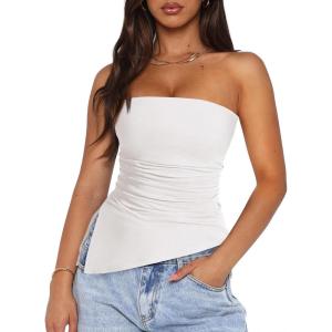 imagePRETTYGARDEN Womens Summer Tube Tops 2025 Trendy Strapless Ruched Going Out Tops Outfits Asymmetrical Bandeau ShirtsWhite