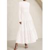 imagePRETTYGARDEN Long Sleeve Dress for Women 2025 Fall Eyelet Mock Neck A Line Elegant Classy Maxi Wedding Guest Dresses PocketsWhite