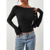 imagePRETTYGARDEN Long Sleeve Shirts for Women 2025 Fall Ruched Sides Boat Neck Basic Tee Casual Fitted Ribbed Knit Crop TopsBlack