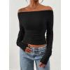 imagePRETTYGARDEN Long Sleeve Shirts for Women 2025 Fall Ruched Sides Boat Neck Basic Tee Casual Fitted Ribbed Knit Crop TopsBlack