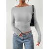 imagePRETTYGARDEN Long Sleeve Shirts for Women 2025 Fall Ruched Sides Boat Neck Basic Tee Casual Fitted Ribbed Knit Crop TopsGrey