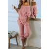 imagePRETTYGARDEN Two Piece Sets for Women Fall 2025 Ribbed Knit Off Shoulder Tops Lounge Pants Tracksuit Fashion ClothingDusty Pink