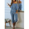 imagePRETTYGARDEN Two Piece Sets for Women Fall 2025 Ribbed Knit Off Shoulder Tops Lounge Pants Tracksuit Fashion ClothingLight Blue