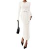 imagePRETTYGARDEN Women 2025 Semi Formal Midi Dresses Long Sleeve Bodycon Tie Waist Slit Wedding Guest Cocktail Fall Fashion DressWhite