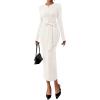 imagePRETTYGARDEN Women 2025 Semi Formal Midi Dresses Long Sleeve Bodycon Tie Waist Slit Wedding Guest Cocktail Fall Fashion DressWhite