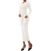 imagePRETTYGARDEN Women 2025 Semi Formal Midi Dresses Long Sleeve Bodycon Tie Waist Slit Wedding Guest Cocktail Fall Fashion DressWhite
