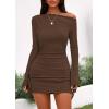 imagePRETTYGARDEN Womens 2025 Fall Off The Shoulder Dresses Casual Long Sleeve Ruched Side Slit Cocktail Party Bodycon Mini DressBrown