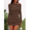 imagePRETTYGARDEN Womens 2025 Fall Off The Shoulder Dresses Casual Long Sleeve Ruched Side Slit Cocktail Party Bodycon Mini DressBrown