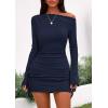 imagePRETTYGARDEN Womens 2025 Fall Off The Shoulder Dresses Casual Long Sleeve Ruched Side Slit Cocktail Party Bodycon Mini DressNavy Blue