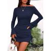 imagePRETTYGARDEN Womens 2025 Fall Off The Shoulder Dresses Casual Long Sleeve Ruched Side Slit Cocktail Party Bodycon Mini DressNavy Blue