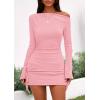 imagePRETTYGARDEN Womens 2025 Fall Off The Shoulder Dresses Casual Long Sleeve Ruched Side Slit Cocktail Party Bodycon Mini DressPink