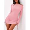 imagePRETTYGARDEN Womens 2025 Fall Off The Shoulder Dresses Casual Long Sleeve Ruched Side Slit Cocktail Party Bodycon Mini DressPink