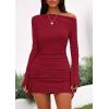 imagePRETTYGARDEN Womens 2025 Fall Off The Shoulder Dresses Casual Long Sleeve Ruched Side Slit Cocktail Party Bodycon Mini DressRed