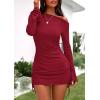 imagePRETTYGARDEN Womens 2025 Fall Off The Shoulder Dresses Casual Long Sleeve Ruched Side Slit Cocktail Party Bodycon Mini DressRed