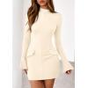 imagePRETTYGARDEN Womens 2025 Fall Short Formal Dresses Long Sleeve Mock Neck Elegant Wedding Guest Party Club Bodycon Mini DressBeige