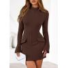 imagePRETTYGARDEN Womens 2025 Fall Short Formal Dresses Long Sleeve Mock Neck Elegant Wedding Guest Party Club Bodycon Mini DressBrown