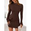 imagePRETTYGARDEN Womens 2025 Fall Short Formal Dresses Long Sleeve Mock Neck Elegant Wedding Guest Party Club Bodycon Mini DressBrown