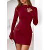 imagePRETTYGARDEN Womens 2025 Fall Short Formal Dresses Long Sleeve Mock Neck Elegant Wedding Guest Party Club Bodycon Mini DressBurgundy