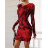 imagePRETTYGARDEN Womens Mini Dress Fall Outfits 2025 Trendy Tie Dye Print Long Sleeve Homecoming Club Party Bodycon DressesBlack Red Flower