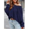 imagePRETTYGARDEN Womens Off The Shoulder Sweater Fall Fashion 2025 Pullover Long Sleeve Boat Neck Oversized Ribbed Knit TopsNavy Blue