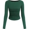 imagePRETTYGARDEN Long Sleeve Shirts for Women 2025 Fall Ruched Sides Boat Neck Basic Tee Casual Fitted Ribbed Knit Crop TopsDark Green