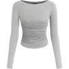 imagePRETTYGARDEN Long Sleeve Shirts for Women 2025 Fall Ruched Sides Boat Neck Basic Tee Casual Fitted Ribbed Knit Crop TopsGrey