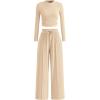 imagePRETTYGARDEN Womens 2 Piece Sets 2025 Fall Long Sleeve Crop Tops Wide Leg Pants Matching Outfit Tracksuits Fashion ClothingBeige