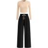 imagePRETTYGARDEN Womens 2 Piece Sets 2025 Fall Long Sleeve Crop Tops Wide Leg Pants Matching Outfit Tracksuits Fashion ClothingBeige Black