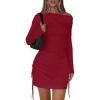 imagePRETTYGARDEN Womens 2025 Fall Off The Shoulder Dresses Casual Long Sleeve Ruched Side Slit Cocktail Party Bodycon Mini DressRed