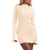 imagePRETTYGARDEN Womens 2025 Fall Short Formal Dresses Long Sleeve Mock Neck Elegant Wedding Guest Party Club Bodycon Mini DressBeige